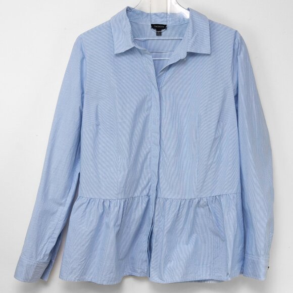 Talbots Peplum Shirt Button Front Micro Stripe Long Sleeve Blue White Large - Picture 2 of 6